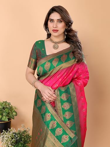 Image of Women's Kanjivaram Soft Silk Saree with Unstitched Blouse Piece Banarasi Weave Type and Jacquard Zari Design for Wedding and Parties