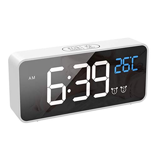 Digitaler Wecker mit Große LED Temperaturanzeige, tragbarer Spiegelalarm mit 2 Alarmen, Tischuhr mit 13 Musik/ 4 Helligkeit und Lautstärke