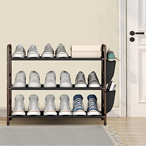Suoernuo Shoe Rack Storage Organizer 3 Tier Free Standing Metal Shoe Shelf Compact Shoe Organizer With Side Bag For Entryway Closet Bedroom,Bronze #TOP4