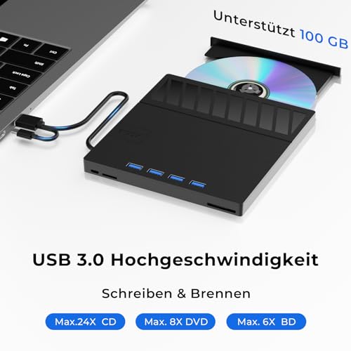 Externes Blu-ray Laufwerk, DVD/BD Player Lesen/Schreiben, Blu-ray Laufwerk, Externes USB Laufwerk mit 4 USB Ports und 1 SD/TF Slot USB 3.0 Type-C Blu-ray Laufwerk Drive für Laptop PC Windows Mac OS