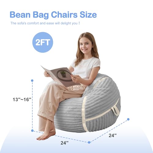Image of 2FT Bean Bag Chair 2'Bean Bag Chairs with Memory Foam Filled Small Bean Bag | Bean bags with Machine Washable Cover Corded Plush Fabric, Comfy Chairs for Living Room Bedroom Dorm, Lightgrey with Beige