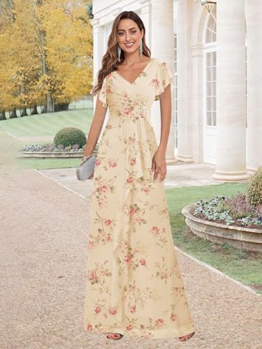GUKARLEED Women’s Ruffled Mother of The Bride Dresses with Sleeves Beading Floral Long Ruched Formal Dress for Wedding Guest4