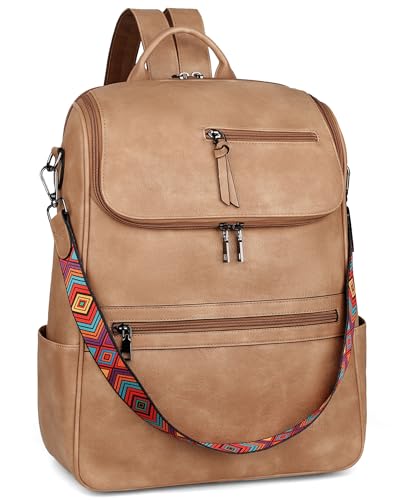 FADEON Women's Leather Laptop Backpack Camel