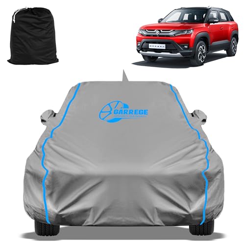 Image of Waterproof Car Body Cover Compatible with Maruti Suzuki Brezza Zxi Cng Dt Mirror and Antenna Pocket, Triple Stitched (Heat Resistant US Grey with Red Piping)