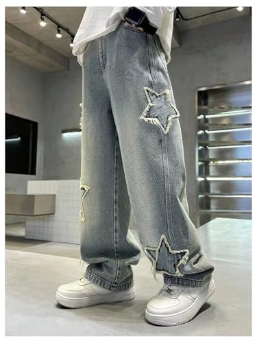 SHENHE Boy's Star Baggy Jeans Teen Boys Straight Wide Leg Denim Pants with Pockets2