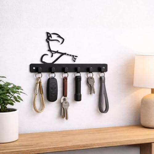 Image of Key Holder for Home, Metal Wall Mounted, 6 Hooks (Krishna Bansuri) | Cat Design, Includes Mounting Screws, For Home Use, 6 Hook Hanger, Metal Construction