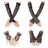 PYSEOSISE Gants en Dentelle, 4 Paires Gants Sans Doigts, Élégant Mitaines en Dentelle Noir Gants en Résille pour Femme Halloween Mascarades Mariage Opéra Bal