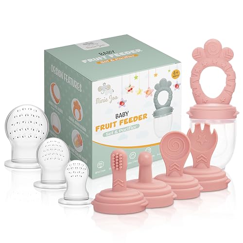 Image of Minie Joo Baby Fruit Feeder Set – BPA-Free Silicone Fresh Food Feeder with 3 Replacement Teats, Teething Feeder for Fruits & Purees, Safe Self-Feeding for Babies 4+ Months