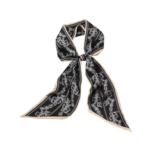 Clysoru Cachecol de pescoço de seda estampado cabeça moda feminina ângulo oblíquo lenços de cetim para saco de cabelo 150 x 15 cm, Linha preta e branca, borda cáqui, 59*5.9in