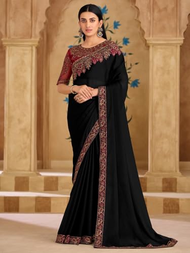 Image of AKHILAM Women's Satin Sequence Embroidery Saree With Unstitched Blouse Piece(SNDLWOD1601 TFH Parent)