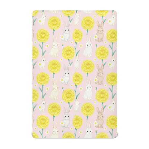 Sábanas para bebé con diseño floral amarillo de conejo, 132 x 71 cm