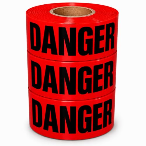 Image of ATERET Premium Red Danger Tape 3-Pack 3 inch x 1000 feet, Hazard Safety Tape, Construction Tape for Danger /Hazardous Area, Ideal Use for Halloween Decorations, Holiday, Party, Yard, Garden, Work-Site