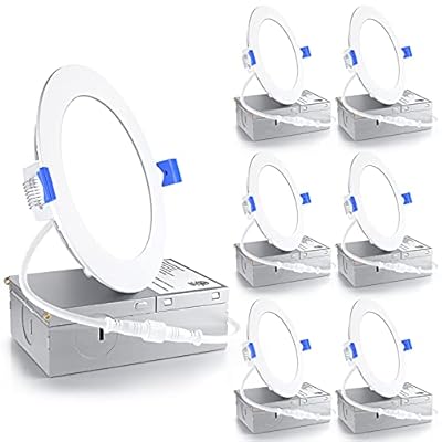 Ensenior 6 Pack 4 Inch Ultra-Thin LED Recessed Ceiling Light with Junction Box, 5000K Daylight, 9W 75W Eqv, Dimmable Can-Killer Downlight, 750LM High Brightness - ETL and Energy Star Certified