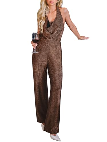 CUPSHE Monos elegantes de verano para mujer con escote en V sin mangas, de pierna ancha, pantalón de payaso con bolsillos, vestidos de vacaciones, marrón, S