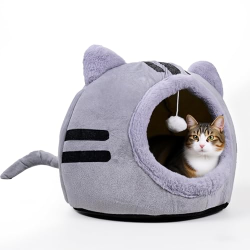 Katzenbetten für Hauskatzen,Katze Form 40x40x32cm Katzenhöhle große Katzen Dunkelgrau，Faltbare Katzenbett mit waschbaren Kissen, Katzenzelt für...