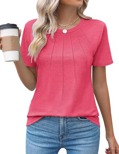 Zeagoo Blusas Mujer Verano Manga Corta Camisetas Mujer Verano Cuello Redondo Blusas Verano Cuello Redondo Pliegue Blusas Rojo Vivo XL