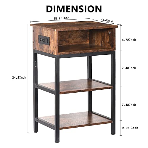 Abq Nightstand With Charging Station, Narrow Side Table With Drawer And Usb Ports & Power Outlets, End Table 3- Tier For Small Spaces, Living Room, Bedroom #TOP2