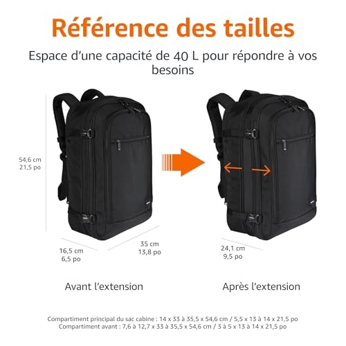 Amazon Basics Sac à Dos Voyage 40L, Bagage Cabine (51x38x20cm), Bretelles Rembourrées, Compartiment PC 17", Poches Organisées - Noir – vue 3