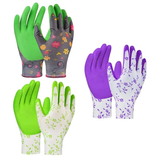 AYESY Gants de Jardinage pour Femme, 3 Paires de Gants de Travail de Jardin en Caoutchouc Respirant, Gants de Protection Multi-Usages en Latex Nettoyage avec Motif Floral, Violet, Vert, Gris Vert