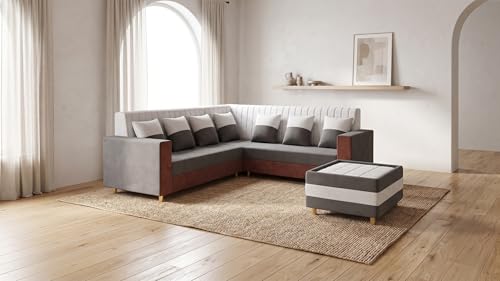 Image of RECTART Luxe 8 Seater L-Shape Sofa Set for Living Room | Sectional Sofa with Centre Table & 7 Pillows | Modern Wooden Home Furniture |