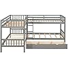 L-Shaped Bunk Beds for 4, Twin Over Twin Bunk Beds with Drawers, Solid Wood Triple Bunk Bed for Kids, Teens, Adults (Gray)