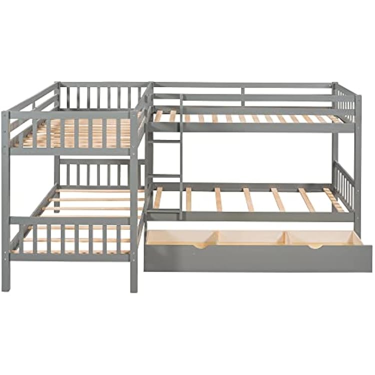L-Shaped Bunk Beds for 4, Twin Over Twin Bunk Beds with Drawers, Solid Wood Triple Bunk Bed for Kids, Teens, Adults (Gray)