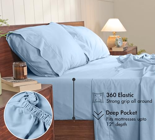 Image of RUVANTI 100% Cotton Percale Sheets California King - Crisp Cooling Summer Bed Sheets for Hot Sleepers, Deep Pocket 12 inch, Soft Peach Finish, Breathable & Durable Hotel-Style 4 Piece Set, Sky Blue