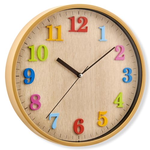 Atlanta Wanduhr, Schleichende Sekunde ohne Ticken, 30 cm, Holzoptik, Bunte Zahlen Ziffern, Quarzwerk - 4485