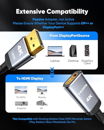 Image of Highwings 4K DisplayPort to HDMI Adapter 2-Pack, Uni-directional Display Port DP to HDMI Nylon Braided Adaptor Converter Male to Female, for AMD NVIDIA Dell HP Laptop HDTV Monitor Projector, [Passive]