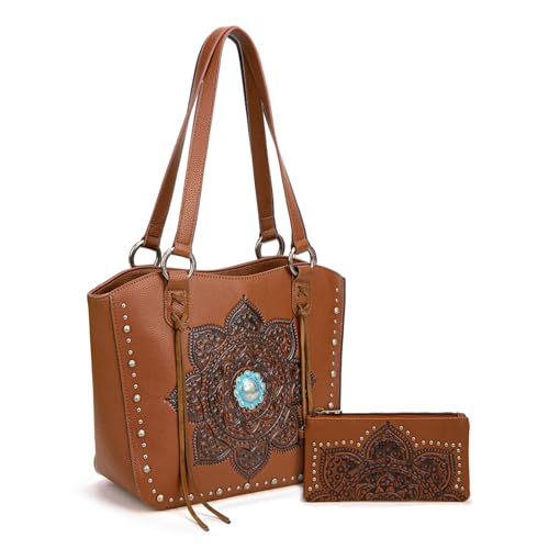 Image of Montana West Western Tooling Tote Bag with Wallet Set for Women Vintage Studded Top Handle Shoulder Handbag