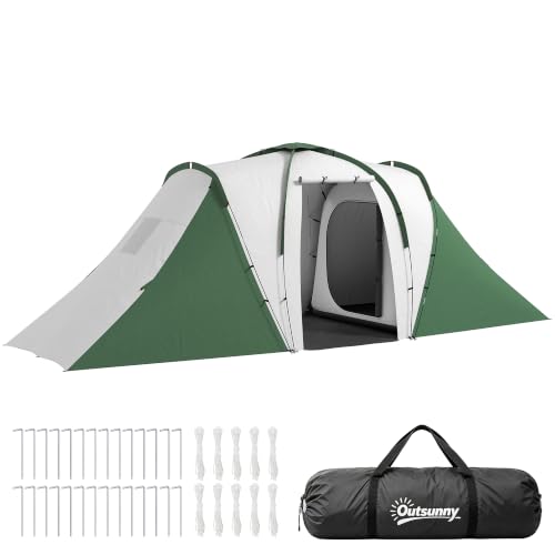 Outsunny Tienda de Campaña Familiar Tipo Túnel para de 4-6 Personas 555x225x190 cm Impermeable 3000 mm Tienda de Camping Plegable con 2 Dormitorios Bolsa para Senderismo Gris y Verde