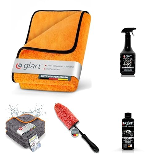 Glart® 44V01 Value Kit Außenreinigung Auto: XXL Trockentuch, Premium Felgenreiniger, Autoshampoo, Felgenbürste, 3er Mikrofasertücher