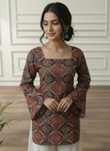 Image of MAHIRA'S Women's Short Kurti, Black Rayon Tunic Top with Embroidered Sleeves, 3 /4 Designer Sleeves