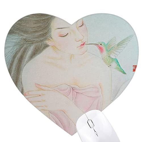 Tapis de souris coeur oiseaux peinture chinoise protège poignet durable