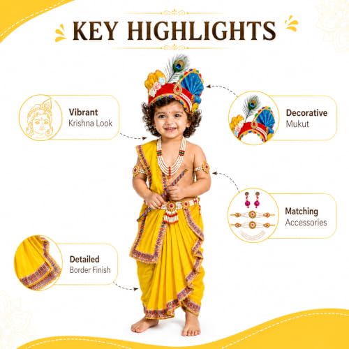Image of Sarvda Shree Krishna Dress for Baby Boy & Radha Dress for Girls | Janamashtami Dress | Fancy Dress Costume with Accessories Dhoti, Dupatta, Mukut Flute Complete set, Ethnic wear
