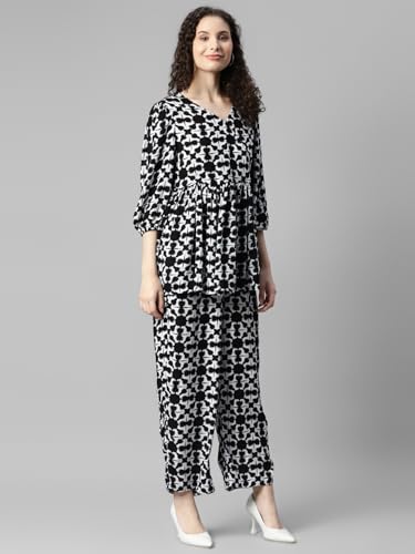 Image of DEEBACO Women's Geometric Print Rayon Top & Pants Co Ord Set for Women V Neck 3 /4 Puff Sleeve Ladies Party Casual Wear Fashionable for Girls Loose Fit Cord Set (DBCOMR00000982 L White)