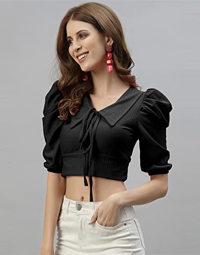 Image of Mehrang Women's Solid Ribbed Crop Tank Top Ribbed Tops for Women V-Neck 3 /4th Balloon Sleeves