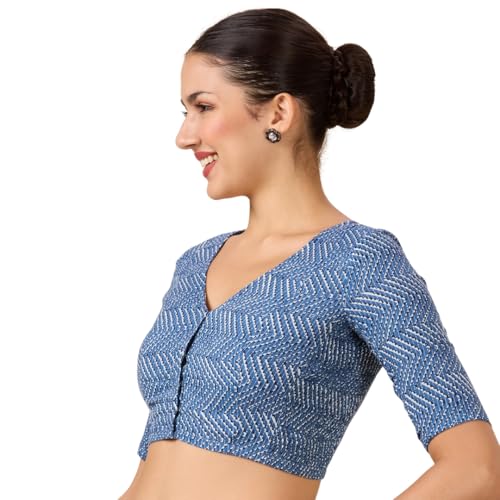 Image of Studio Shringaar Women Cotton Half Sleeve Blue Pottery Printed Saree Blouse with Stretchable Sides
