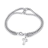 BOPREINA Double Strand Rolo Chain Bracelet with Cross Charm Stainless Steel Cross Dangle Pendant Cab