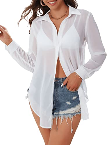 SweatyRocks Women's Long Sleeve See Through Button Down Shirt Slit Mesh Blouse Top
