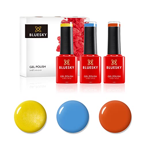 Bluessky gel nagellackuppsättning Sommar Brighhts Cykelgul 80576, Digi Tal 80613 och Orange Sweetie A012 3 x 5 ml gel nagellack (kräver härdning av UV, LED lampa)