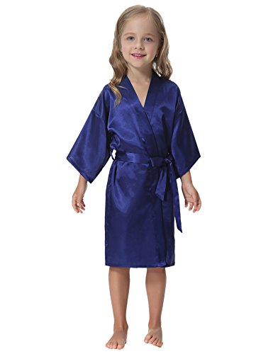 Aibrou Kids' Satin Kimono Robe Bathrobe Nightgown for Spa Party Wedding Birthday Dark Blue