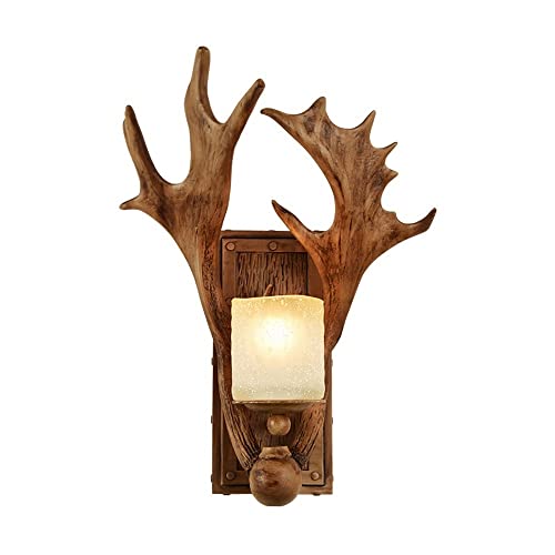 Applique da parete con paralume in vetro smerigliato, lampada da parete in finto corno di cervo, luci da parete in resina in stile rustico vintage per sala da pranzo, soggiorno, bar, caffetteria