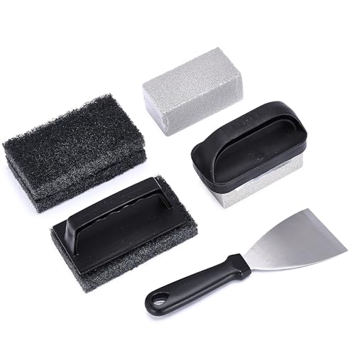 PURAVA Juego de limpieza para parrilla, 1 rascador de acero inoxidable, 3 esponjas, 2 piedras pómez con mango, limpiador de parrilla, resistente al calor, inoxidable, duradero, limpiador de parrilla,