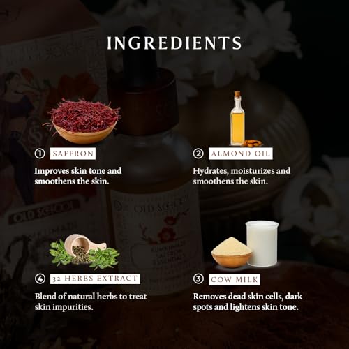 Image of Old School Rituals Kumkumadi Saffron Face Elixir | Face Serum for Glowing Skin | Anti-Ageing Overnight Facial Oil | Brightens, Revitalizes & Fades Dark Spots | Diminishes Fine Lines, Wrinkles & Uneven Skin Tone | Saffron & Kumkumadi Oil | 30 ml | Few Drops a Night for Lasting Glow