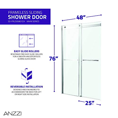 Anzzi Kahn 48X76Inch Frameless Sliding Shower Door With Horizontal Handle In Polished Chrome, Scratch Resistant Dual Protective Coating Tempered Deco-Glass Easy Glide Shower Door, Sd-Frls05801Ch #TOP1