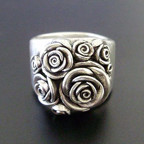 KOICCVQQ Fashion Trend Silver Rose Flower Ring for Woman Exquisite Shiny Charming Temperament Style Boho Faux Novel Design Gothic Rebellious Sadness Totem Amulet Ring Gift Engagement Size 104