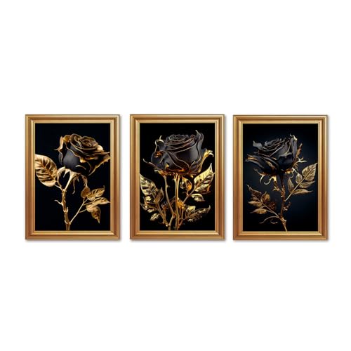 ICHZUMW Gold Framed Black and Gold Roses Canvas Wall Art, 3pc 12x16 Inches
