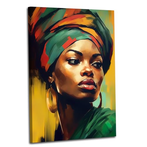 African American Canvas Wall Art Colorful Woman Portrait Picture Wall Art Vintage Indian Balck Girl Painting Prints Home Decor Framed(Woman-2,12x18inch (30x45cm))