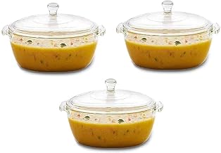 Glass Casserole (Pack of 3)-1000ml- Round Serving Rice Bowl with Glass Lid - Oven and Microwave Safe-Set of 3